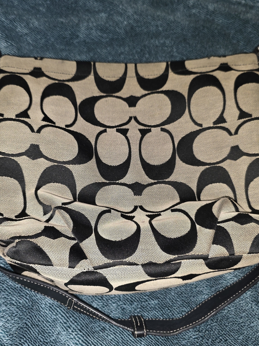 Coach Beige and Black Signature Canvas Shoulder Bag